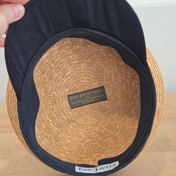 Eric Javits vintage straw + patent leather captains hat Squishee Black Rose Bow - Picture 4 of 8